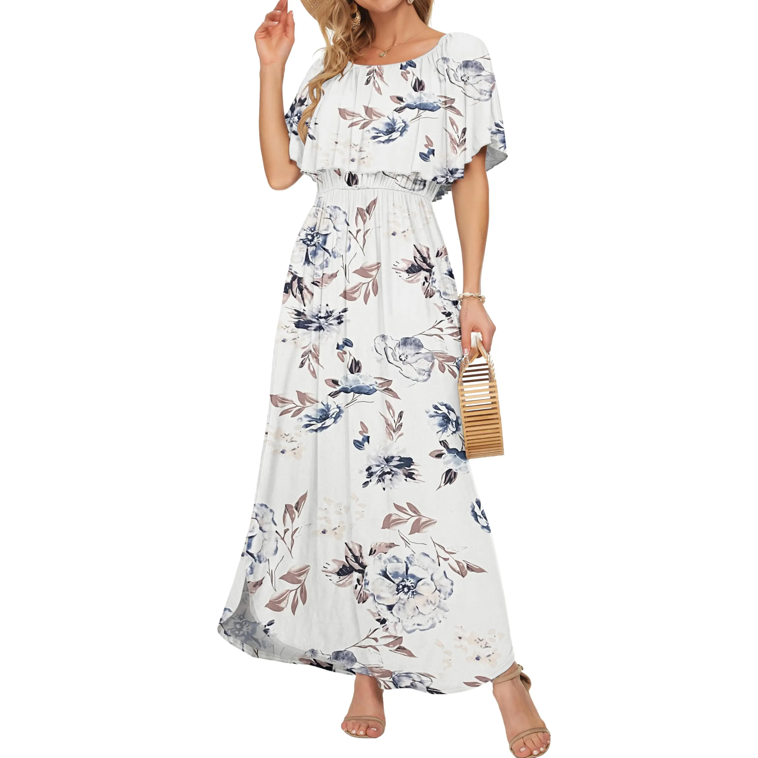 Womens Off The Shoulder Long Ruffle Party Side Split Beach Maxi Dresses with Pockets
